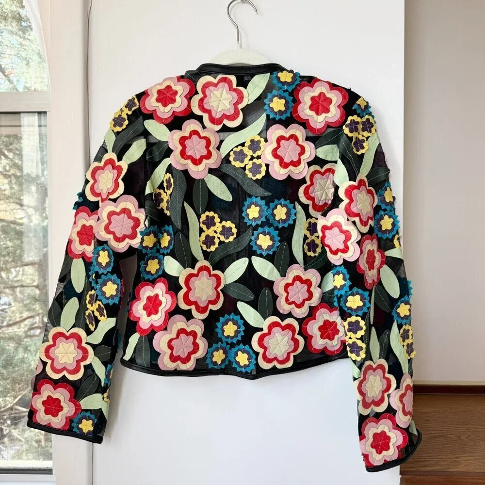 Dakota West Short Art Deco Leather Jacket Black Floral Medium